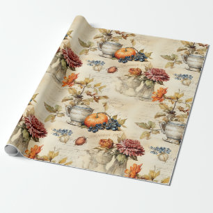 Papel De Presente Cottagecore Xícara De Chá De Abóbora Floral De Out