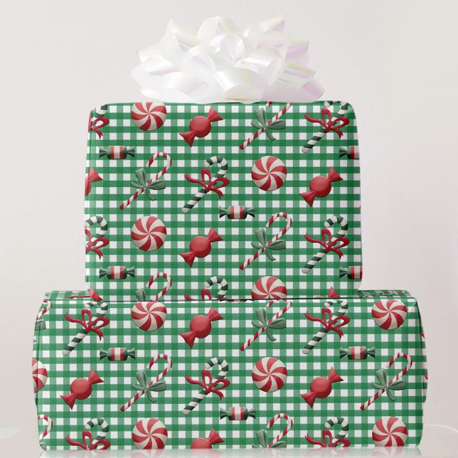 Papel De Presente Country Christmas Candy Green Gingham Gift (Criador carregado)