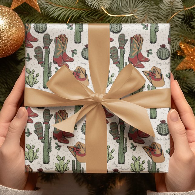 Papel De Presente Country Cowboy Howdy Natal (Festive Country Xmas Hand-Drawn Art. Cowboy Boots, Cacti, Winter Gloves, Poinsettia, Holly & Stars.)
