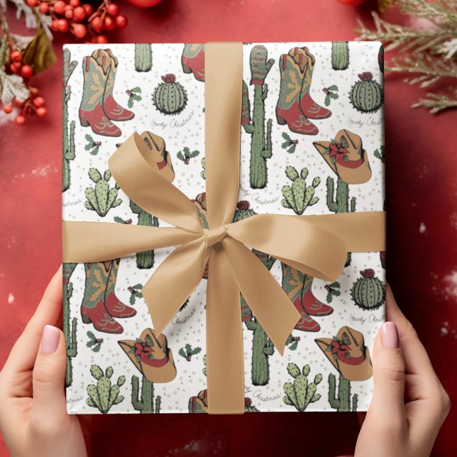 Papel De Presente Country Cowboy Howdy Natal (Festive Country Xmas Hand-Drawn Art. Cowboy Boots, Cacti, Winter Gloves, Poinsettia, Holly & Stars.)