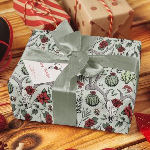 Papel De Presente Country Western Christmas Floral Reindeer Skull