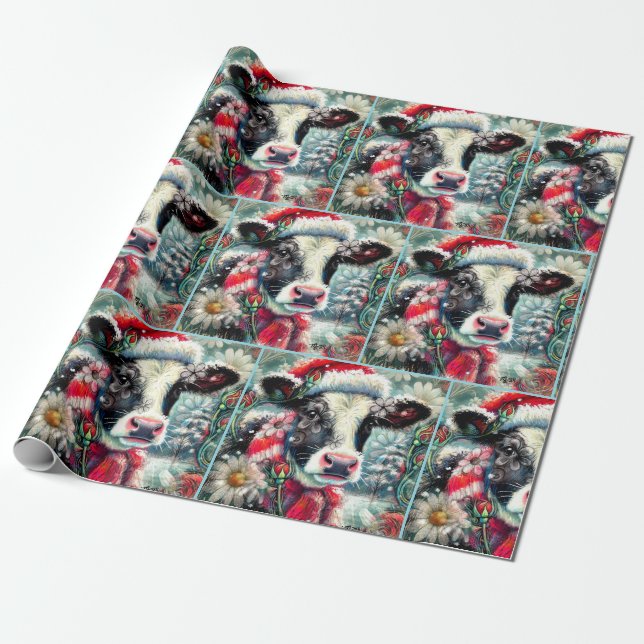 Papel De Presente Cow Dreaming of Warmer Times Floral Decoupage (Desenrolado)