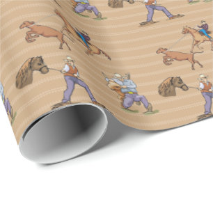Papel De Presente Cowboys Western Horses Steer Tan Gift Wrap