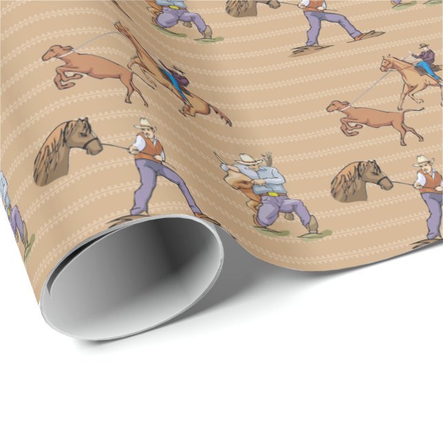Papel De Presente Cowboys Western Horses Steer Tan Gift Wrap (Ponta do rolo)
