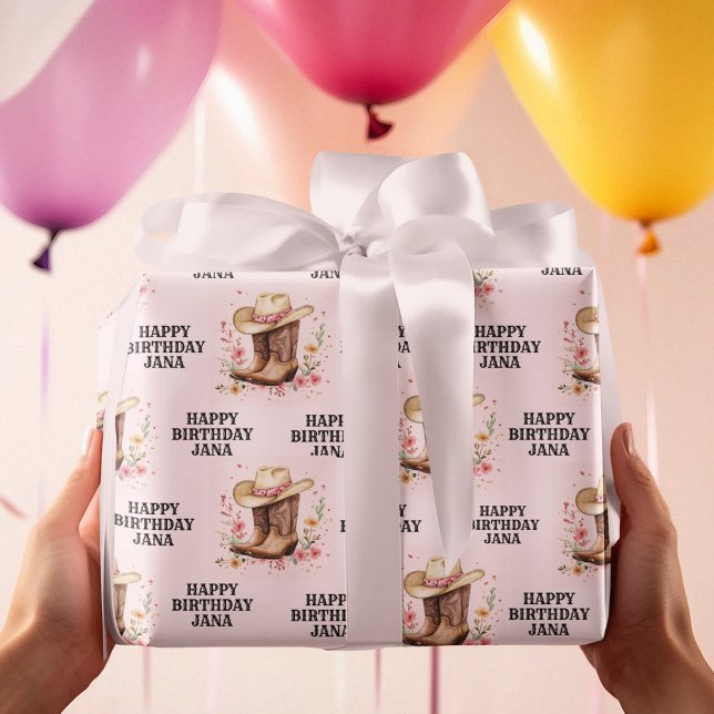 Papel De Presente Cowgirl Wildflower Bash Birthday | Rosa Ocidental (Criador carregado)