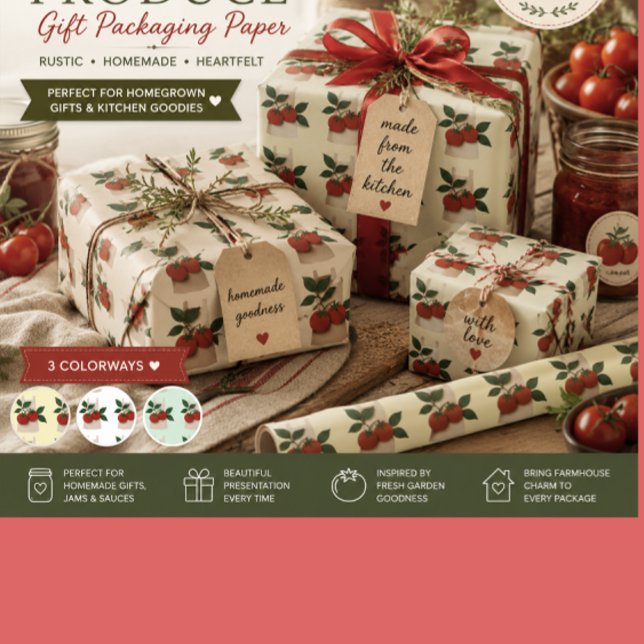 Papel de Presente Cozinha Jardim de Tomate (Gift wrapping paper for canning produce and gifting to friends and family or housewarming gifts)