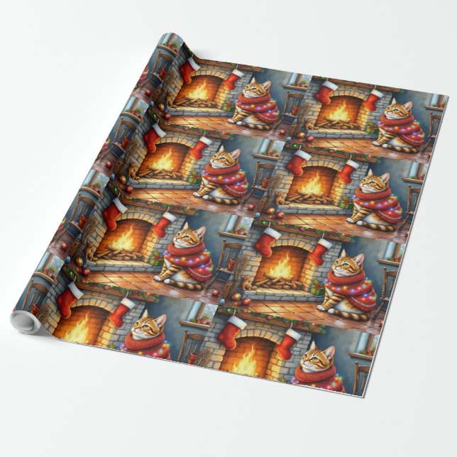Papel De Presente Cozy Abyssinian Cat by Fireplace Christmas Lights (Desenrolado)