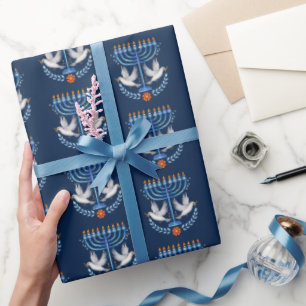 Papel De Presente Cozy Folk Art Hanukkah Menorah e Dove da Paz