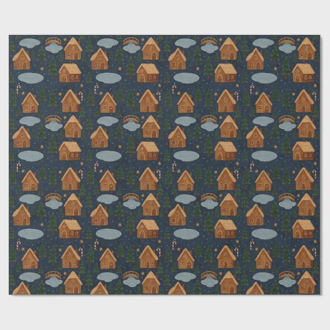 Papel De Presente Cozy Gingerbread Village Pattern Wrapping Paper (Aberto)