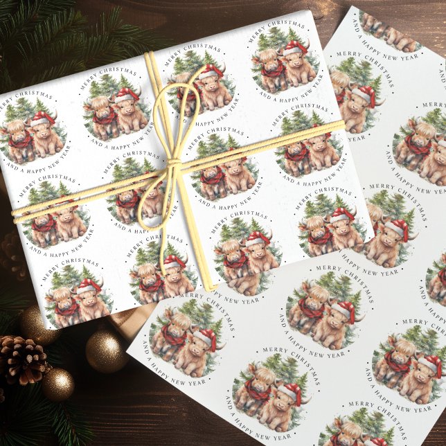 Papel De Presente Cozy Highland Cow Farm Animal Feliz Natal (Criador carregado)