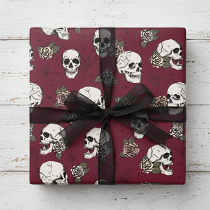 Papel De Presente Cráneo Floral Gótico Borgonha Elegante