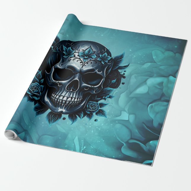 Papel De Presente Crânio azul escuro com rosas. (Desenrolado)