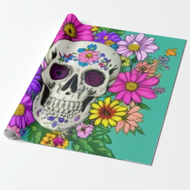 Papel De Presente crânio colorido com flores (Desenrolado)