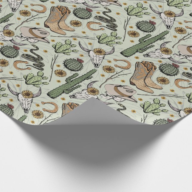 Papel De Presente Crânio de Cowboy e Cactus Verdes - Ocidental Rindo (Ponta)