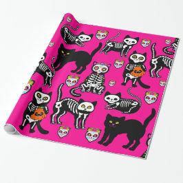 Papel De Presente crânio de gato de halloween rosa