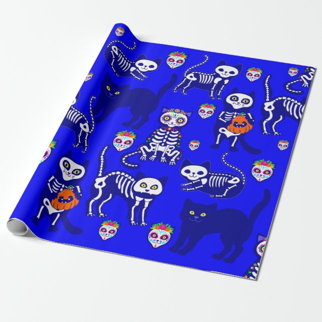 Papel De Presente crânio de gato halloween azul (Desenrolado)