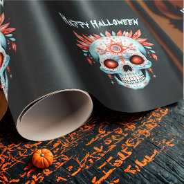Papel De Presente Crânio de Halloween Azul, Cor-de-rosa, Moderno e P