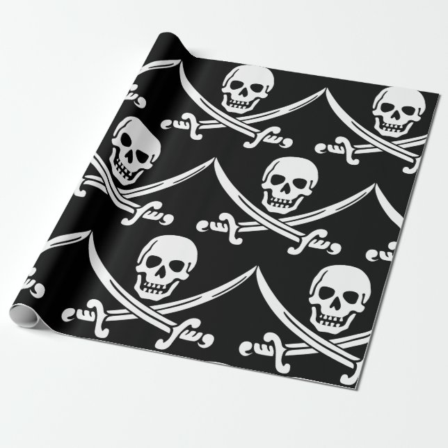 Papel De Presente Crânio de sorriso simples do pirata com espadas (Desenrolado)