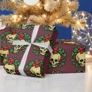 Papel De Presente Cranio de Tatuagem Vintage Holly Natal Gótico