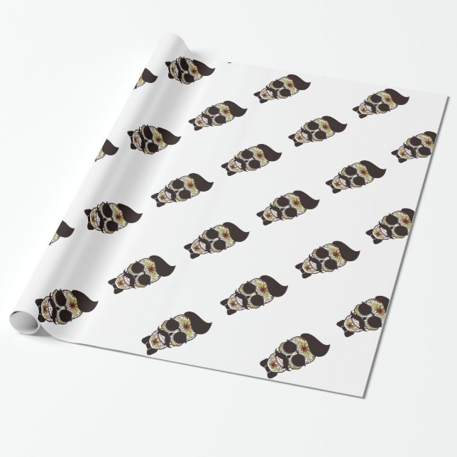 Papel De Presente Crânio do Dia dos Mortos Hipster (Desenrolado)