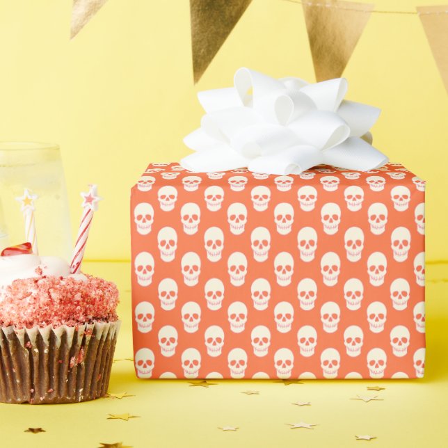 Papel De Presente Crânio em rosa, laranja e creme (Festa de aniversário)