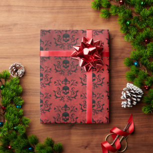 Papel De Presente Crânio Floral Damasco Gótico Escuro (Preto e Verme