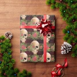 Papel De Presente Crânio Floral Gótico e Padrão de Natal de Poinsett