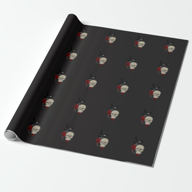 Papel De Presente Crânio gótico com Rosa e corvo (Desenrolado)