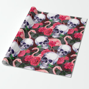 Papel De Presente crânio humano com flores de flamingo e rosa vermel