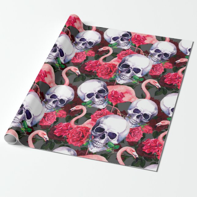 Papel De Presente crânio humano com flores de flamingo e rosa vermel (Desenrolado)