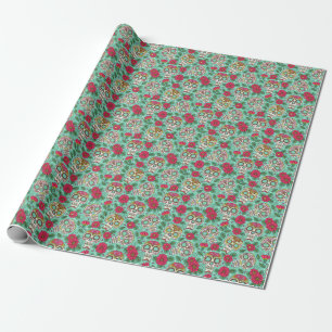 Papel De Presente Crânio mexicano e flores, sem costura.