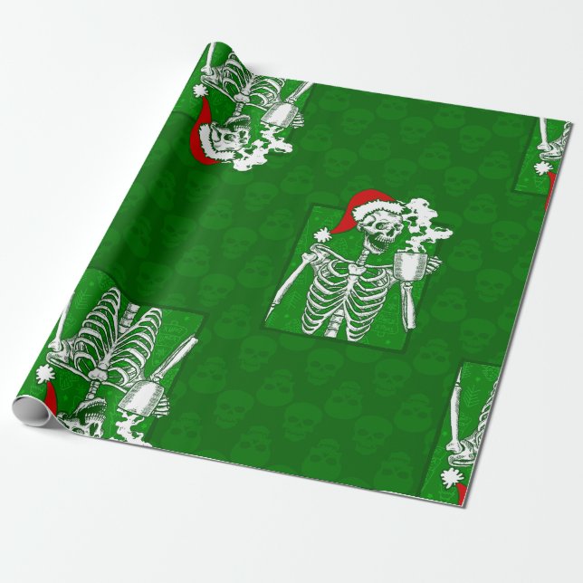 Papel De Presente crânio verde natal gótico café esqueleto vermelho (Desenrolado)