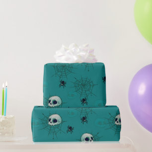 Papel De Presente Crânios Aranhas Teias de Aranha Verde Halloween