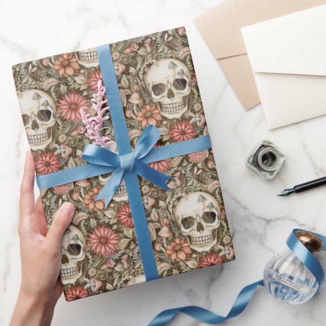Papel De Presente Crânios Assustadores & Flores Vermelhas (Presentear)