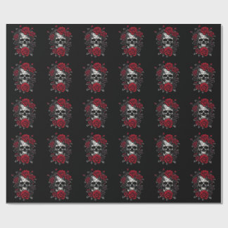 Papel De Presente Cránios de Cabeça de Metal Esqueletos e Rosas Rock