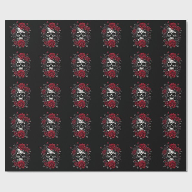 Papel De Presente Cránios de Cabeça de Metal Esqueletos e Rosas Rock (Aberto)
