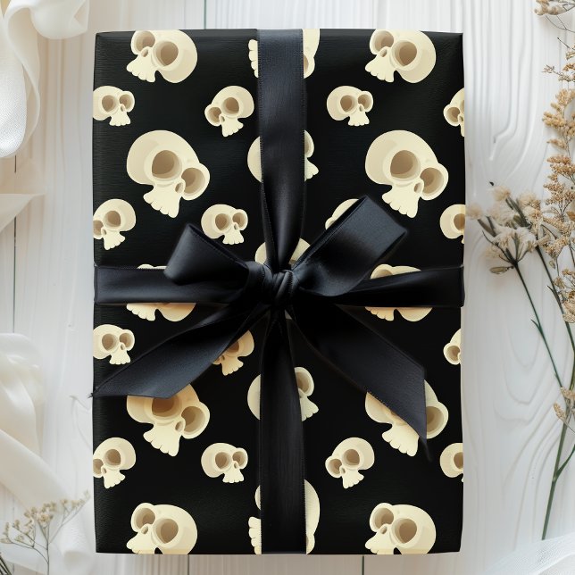 Papel De Presente Crânios de Halloween Preto Branco Padrão Assustado (Criador carregado)