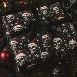 Papel De Presente Crânios de Natal Gótico com Chapéus de Papai Noel
