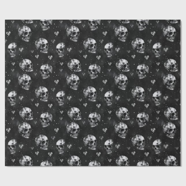 Papel De Presente Cránios e Corações Góticos Preto (Aberto)