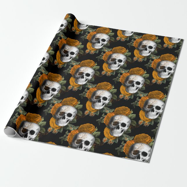 Papel De Presente Crânios e Flores Laranja em Preto (Desenrolado)