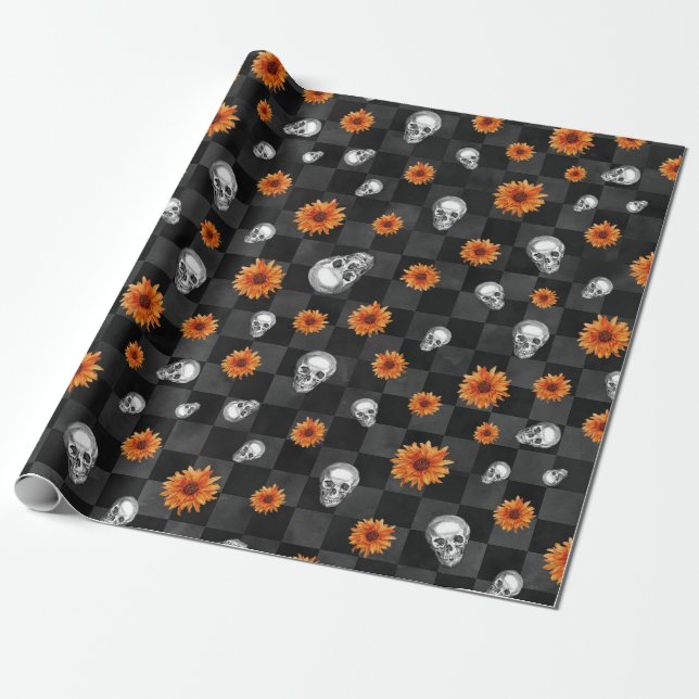 Papel De Presente Crânios Laranja e Série de Girassóis Design 11  (Desenrolado)