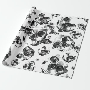 Papel De Presente Cránios Preto e Branco Padrão de Arte de Caveira