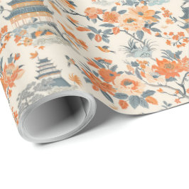 Papel De Presente Cream Orange Floral House Chinoiserie