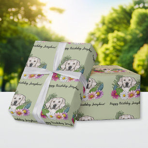 Papel De Presente Cream Ouro Retriever Floral Feliz Aniversário Verd