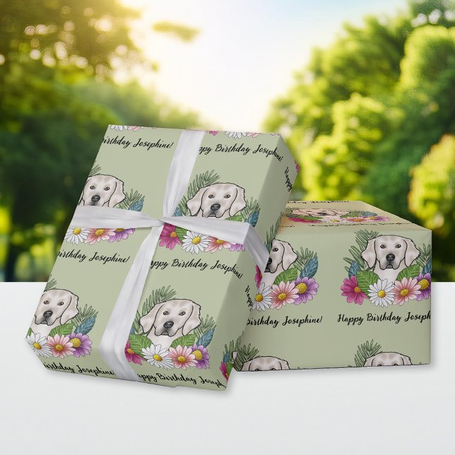Papel De Presente Cream Ouro Retriever Floral Feliz Aniversário Verd (Criador carregado)
