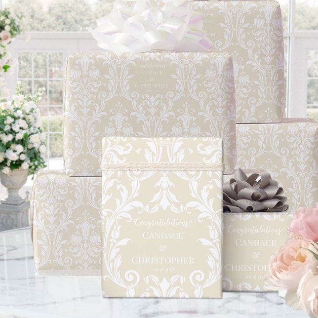 Papel De Presente Creamy Almond White Damask Add Name Congratulo (Criador carregado)