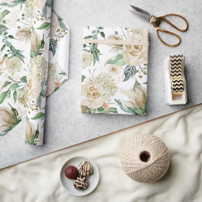 Papel De Presente Creme de Etapa Floral Dourada Elegante Rosa de Aqu (Artesanato)