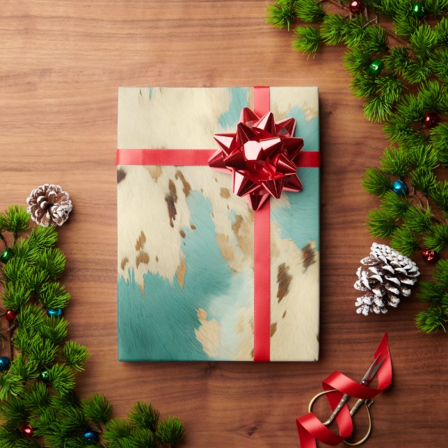 Papel De Presente Creme Dourado Turquoise Cowhide Animal (Presente de Natal)