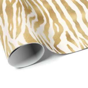 Papel De Presente Creme Dourado Zebra Print     