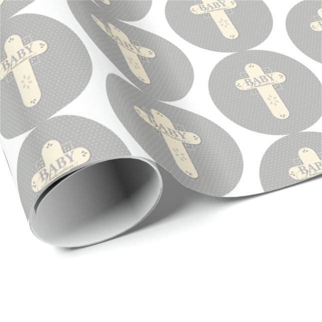 Papel De Presente Creme e Cruz Cinza para Dedicação de Bebê (Ponta do rolo)